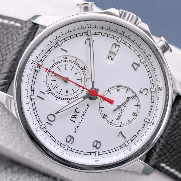 Angled macro view of IWC Portugieser Yacht Club Chronograph IW390211