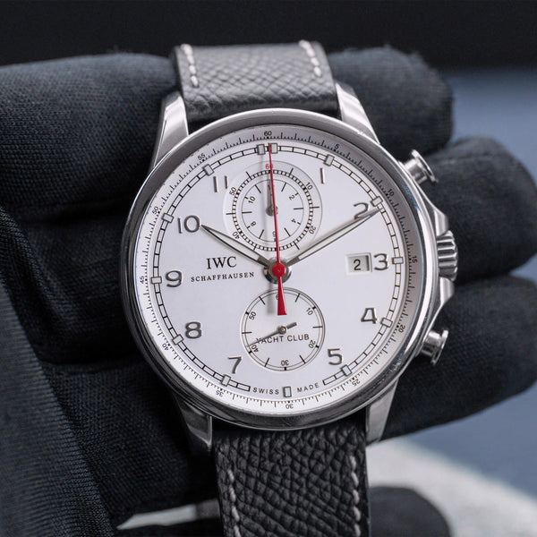 Front view of IWC Portugieser Yacht Club Chronograph IW390211 in gloved hand
