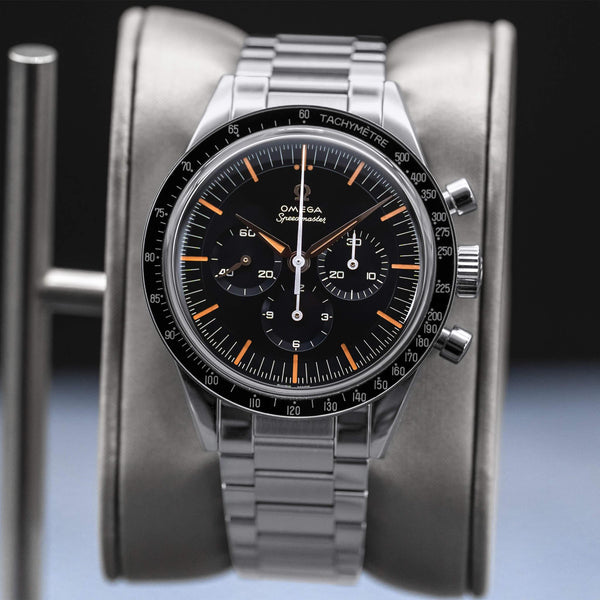 Slight angled view showing crown on Omega Speedmaster FOiS 39.7mm 2025