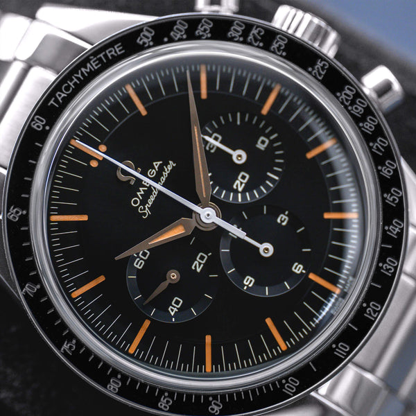 Angled macro view of Omega Speedmaster FOiS 39.7mm 2025 
