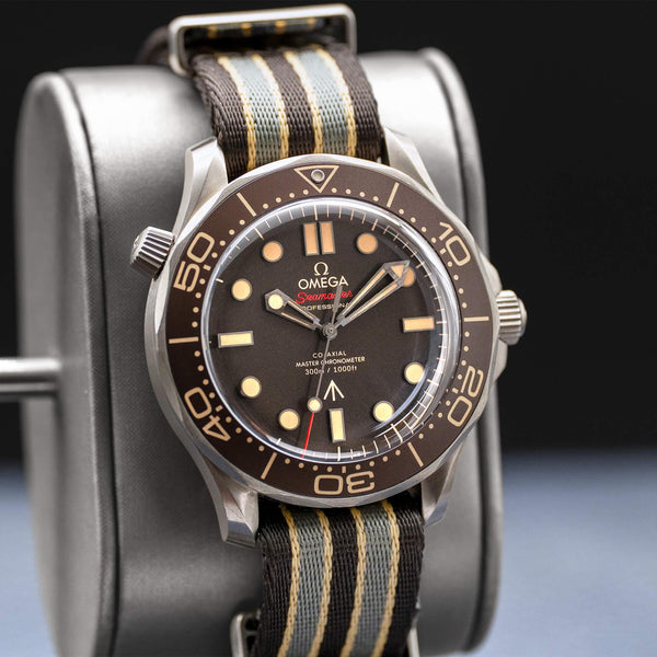 Close-up angled view of Omega Seamaster Diver 300M No Time To Die 007 Edition