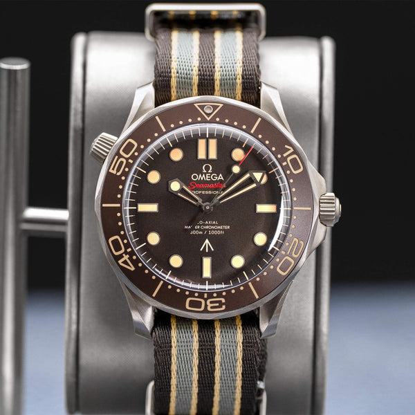 Slight angled view showing crown on Omega Seamaster Diver 300M No Time To Die 007 Edition
