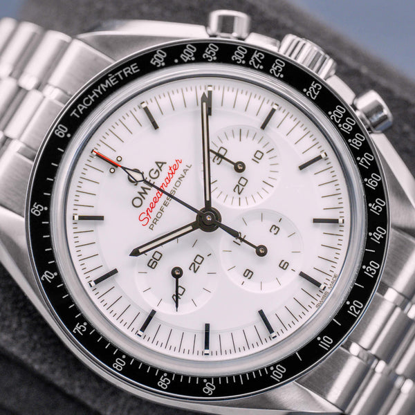 Angled macro view of Omega Speedmaster Professional Moonwatch "Sapphire Sandwich" 2026