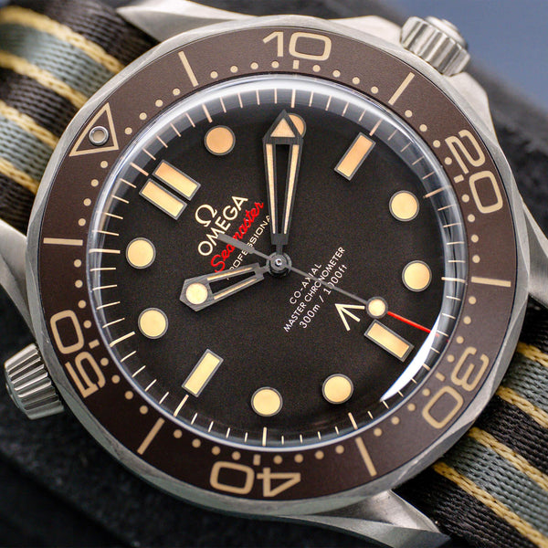Angled macro view of Omega Seamaster Diver 300M No Time To Die 007 Edition