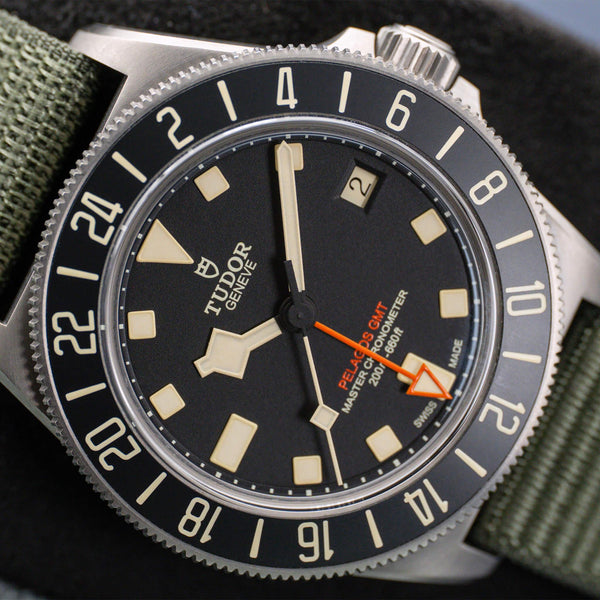 Angled macro view of Tudor Pelagos FXD GMT M2542G267NU