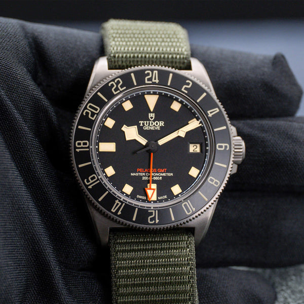 Front view Tudor Pelagos FXD GMT M2542G267NU in gloved hand