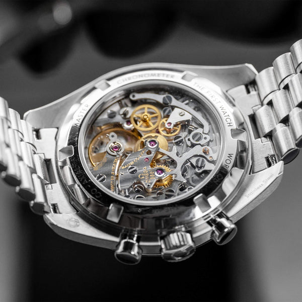 Caseback of Omega Speedmaster Professional Moonwatch "Sapphire Sandwich" 2026 showing movement