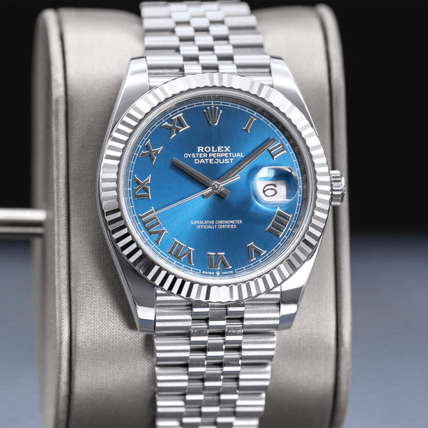 Slight angled view of Rolex Datejust 126334 Blue Azurro Dial