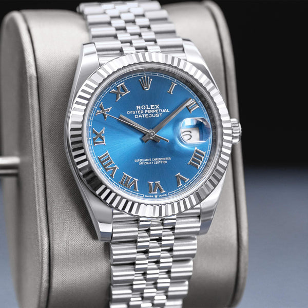 Close-up angled view of Rolex Datejust 126334 Blue Azurro Dial