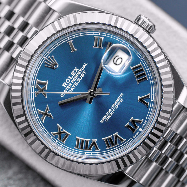 Angled macro view of Rolex Datejust 126334 Blue Azurro Dial 