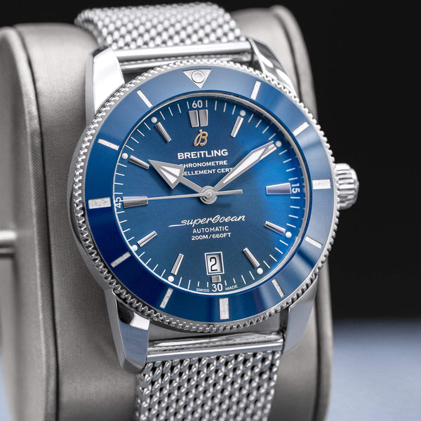 Close-up angled view of Breitling Superocean Héritage II “Gun Blue” Dial 