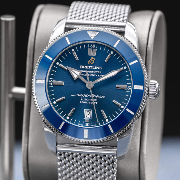 Close-up opposing view of Breitling Superocean Héritage II “Gun Blue” Dial
