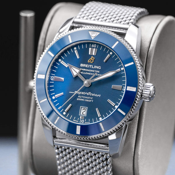 Angled opposing view with reflection of Breitling Superocean Héritage II “Gun Blue” Dial