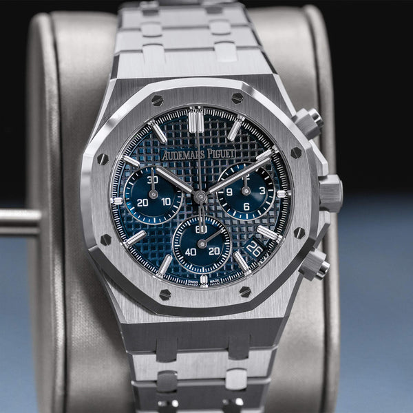 Slight angled view of Audemars Piguet Royal Oak Chronograph 26240ST Blue Dial