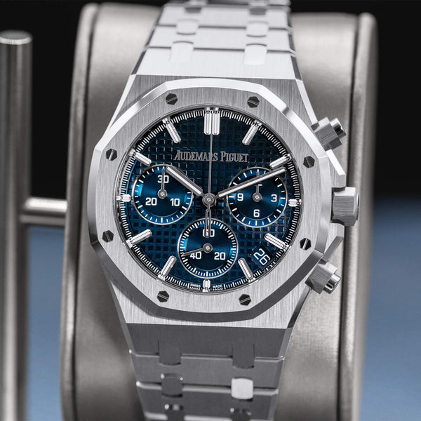 Slight angled view showing crown on Audemars Piguet Royal Oak Chronograph 26240ST Blue Dial