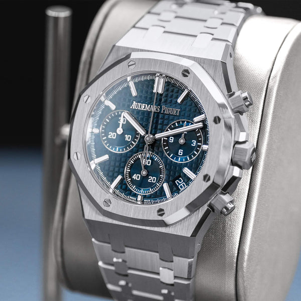 Angled opposing view with reflection of Audemars Piguet Royal Oak Chronograph 26240ST Blue Dial