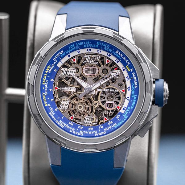 Slight angled view showing crown on Richard Mille World Timer RM63-02 