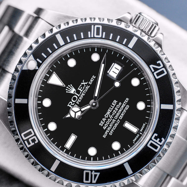 Angled macro view of Rolex Sea-Dweller 16600 Black Dial 