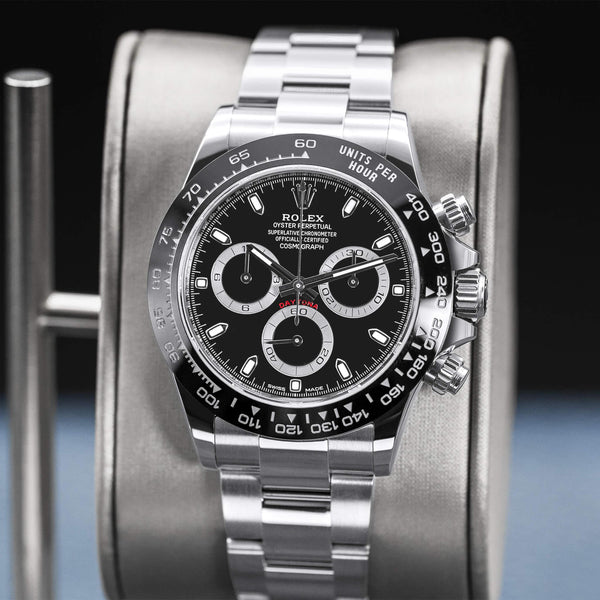 Slight angled view showing crown on Rolex Daytona 116500LN Black Dial 