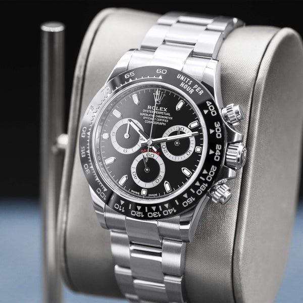 Angled opposing view with reflection of Rolex Daytona 116500LN Black Dial 