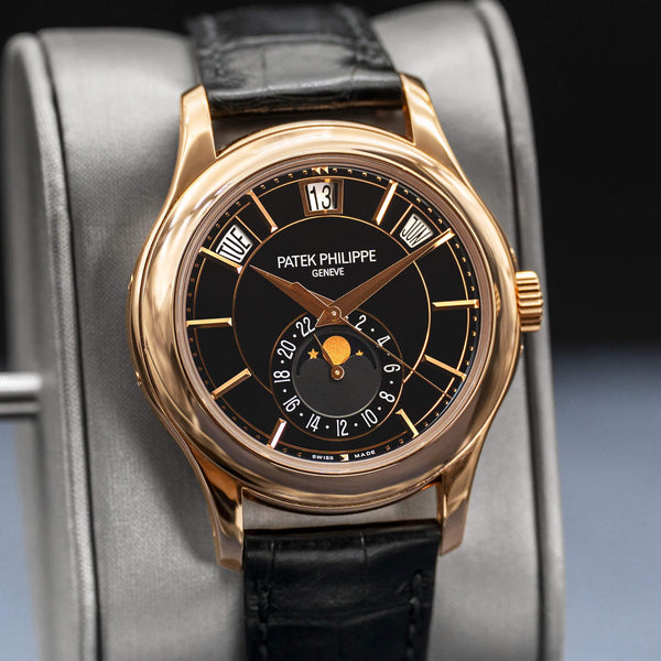 Slight angled view of Patek Philippe Annual Calendar 5205R Rose Gold 