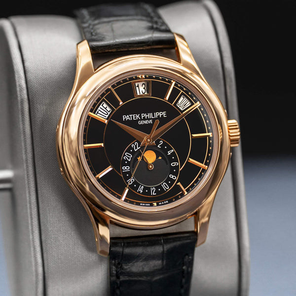 Close-up angled view of Patek Philippe Annual Calendar 5205R Rose Gold 