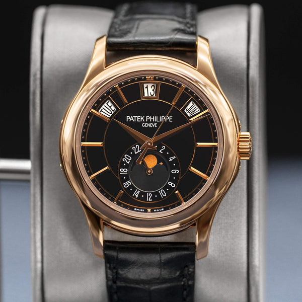 Slight angled view showing crown on Patek Philippe Annual Calendar 5205R Rose Gold 