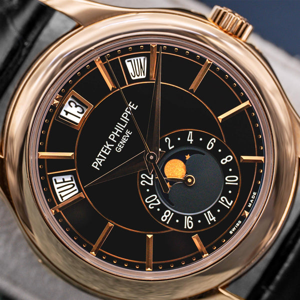 Angled macro view of Patek Philippe Annual Calendar 5205R Rose Gold 