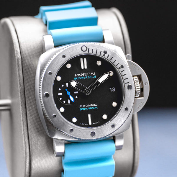 Close-up angled view of Panerai Submersible PAM02973 Black Dial 