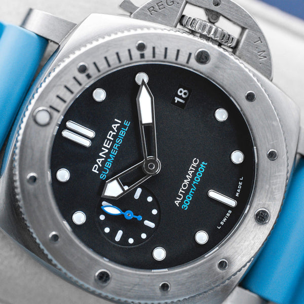 Angled macro view of Panerai Submersible PAM02973 Black Dial 