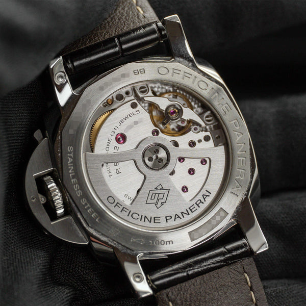 Caseback of Panerai Luminor 1950 3 Days GMT PAM01537 Black Dial showing movement