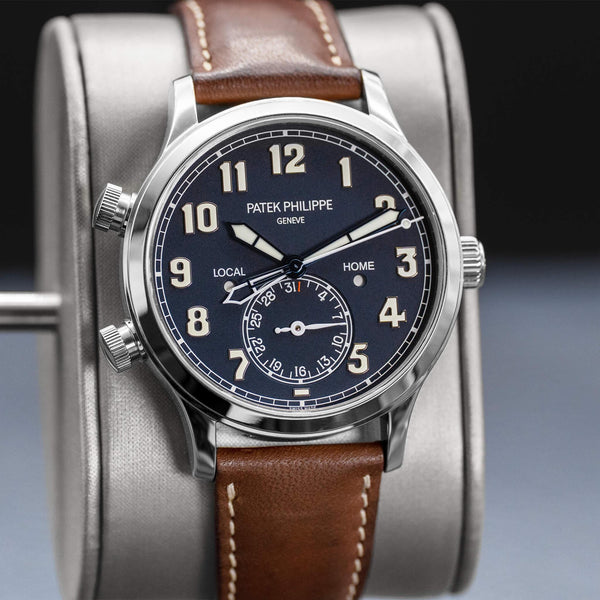 Slight angled view of Patek Philippe Calatrava Travel Time 5524G Blue Dial 