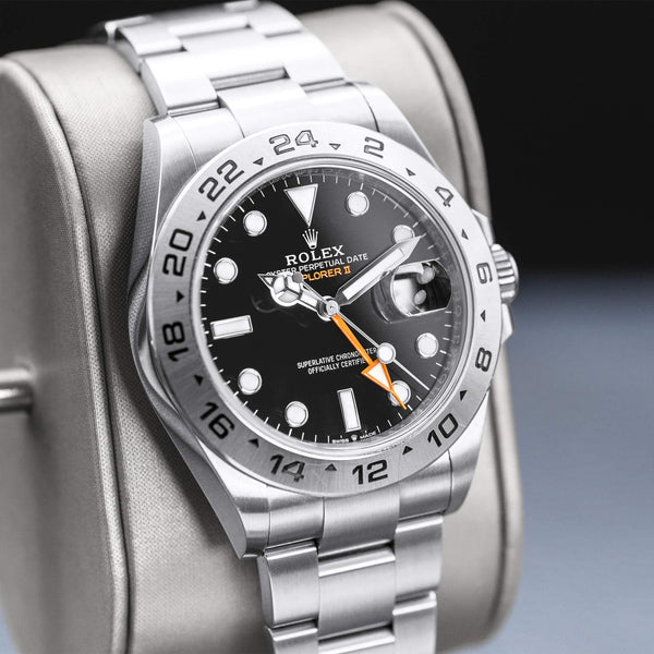 Angled view with reflection of Rolex Explorer II 226570 Black Dial 2023