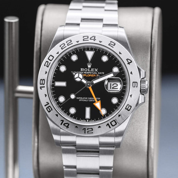 Slight angled view showing crown on Rolex Explorer II 226570 Black Dial 2023