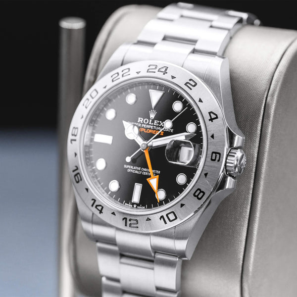 Angled opposing view with reflection of Rolex Explorer II 226570 Black Dial 2023