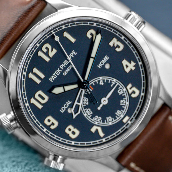Angled macro view of Patek Philippe Calatrava Travel Time 5524G Blue Dial