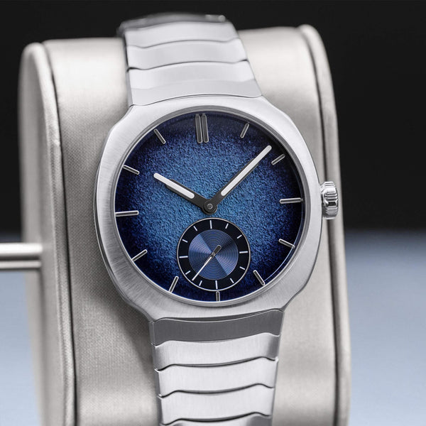 Slight angled view of H.Moser & Cie Streamliner Blue Enamel 6500-1200 