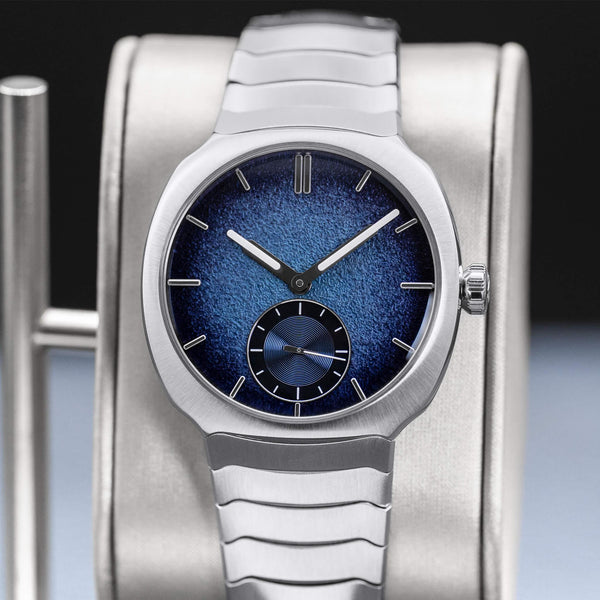Slight angled view showing crown on H.Moser & Cie Streamliner Blue Enamel 6500-1200