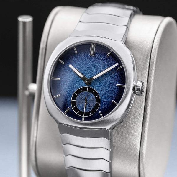 Angled opposing view with reflection of H.Moser & Cie Streamliner Blue Enamel 6500-1200 