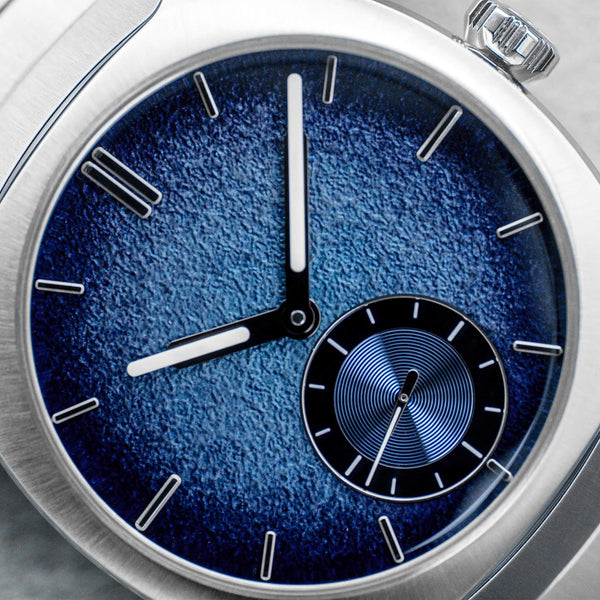 Angled macro view of H.Moser & Cie Streamliner Blue Enamel 6500-1200