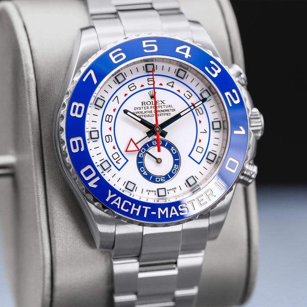 Angled view with reflection of Rolex Yacht-Master II 116680 White Dial 