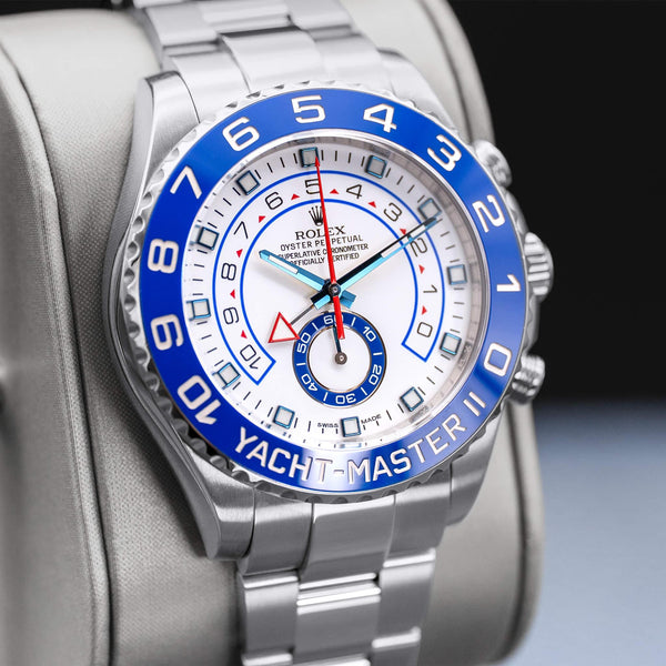 Close-up angled view of Rolex Yacht-Master II 116680 White Dial
