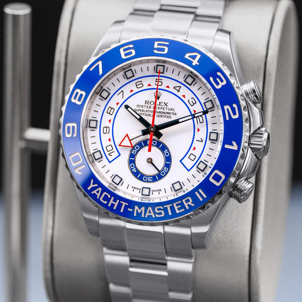 Close-up opposing view of Rolex Yacht-Master II 116680 White Dial 
