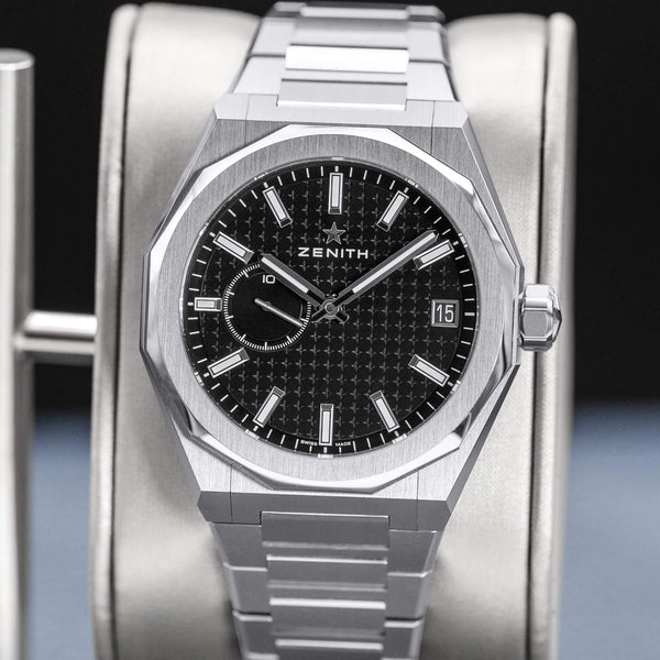 Slight angled view showing crown on Zenith Defy Skyline Black Dial
