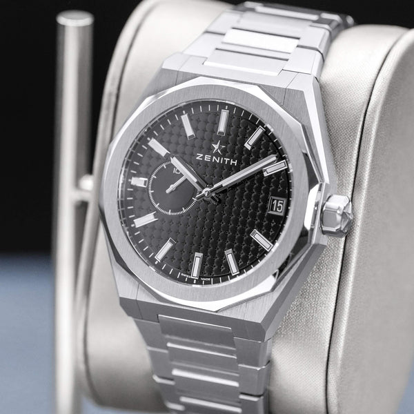 Angled opposing view with reflection of Zenith Defy Skyline Black Dial