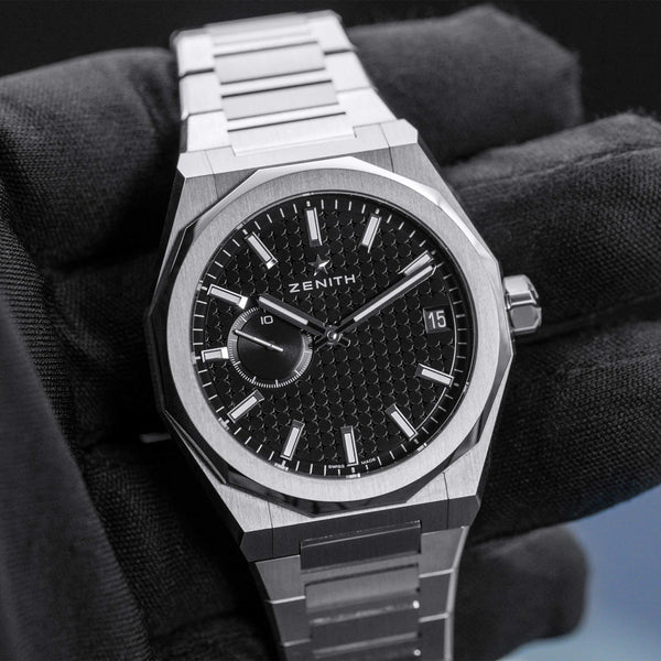 Front view of Zenith Defy Skyline Black Dial in gloved hand