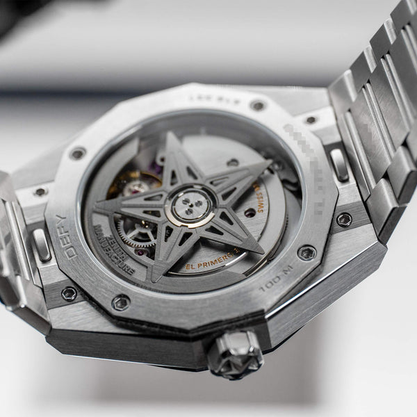Caseback of Zenith Defy Skyline Black Dial showing movement