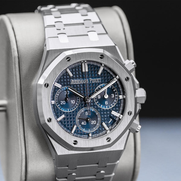 Close-up angled view of Audemars Piguet Royal Oak Chrono 26240ST Blue Dial