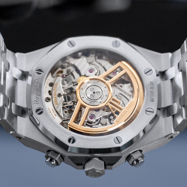 Caseback of Audemars Piguet Royal Oak Chrono 26240ST Blue Dial showing movement