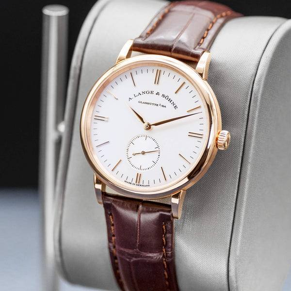 Angled opposing view with reflection of A. Lange & Sohne Saxonia 219.032 Rose Gold